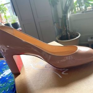 Christian Louboutin-Cadrilla Patent Block-Heel Red Sole Pump (Nude 37)